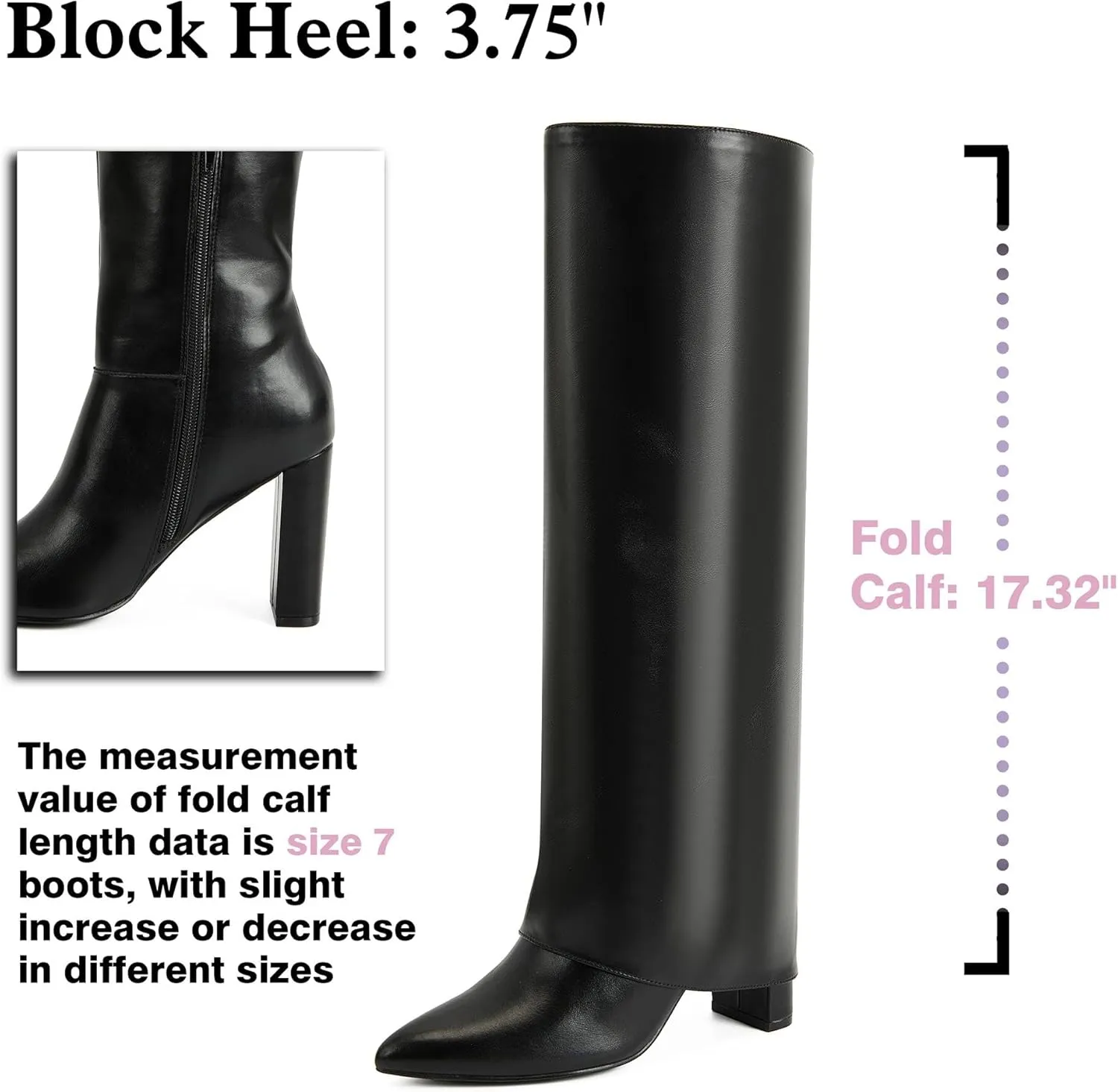 Putu Fold Over Boots for Women Knee High Boots Chunky High Heel Tall Boots with Pointed Toe