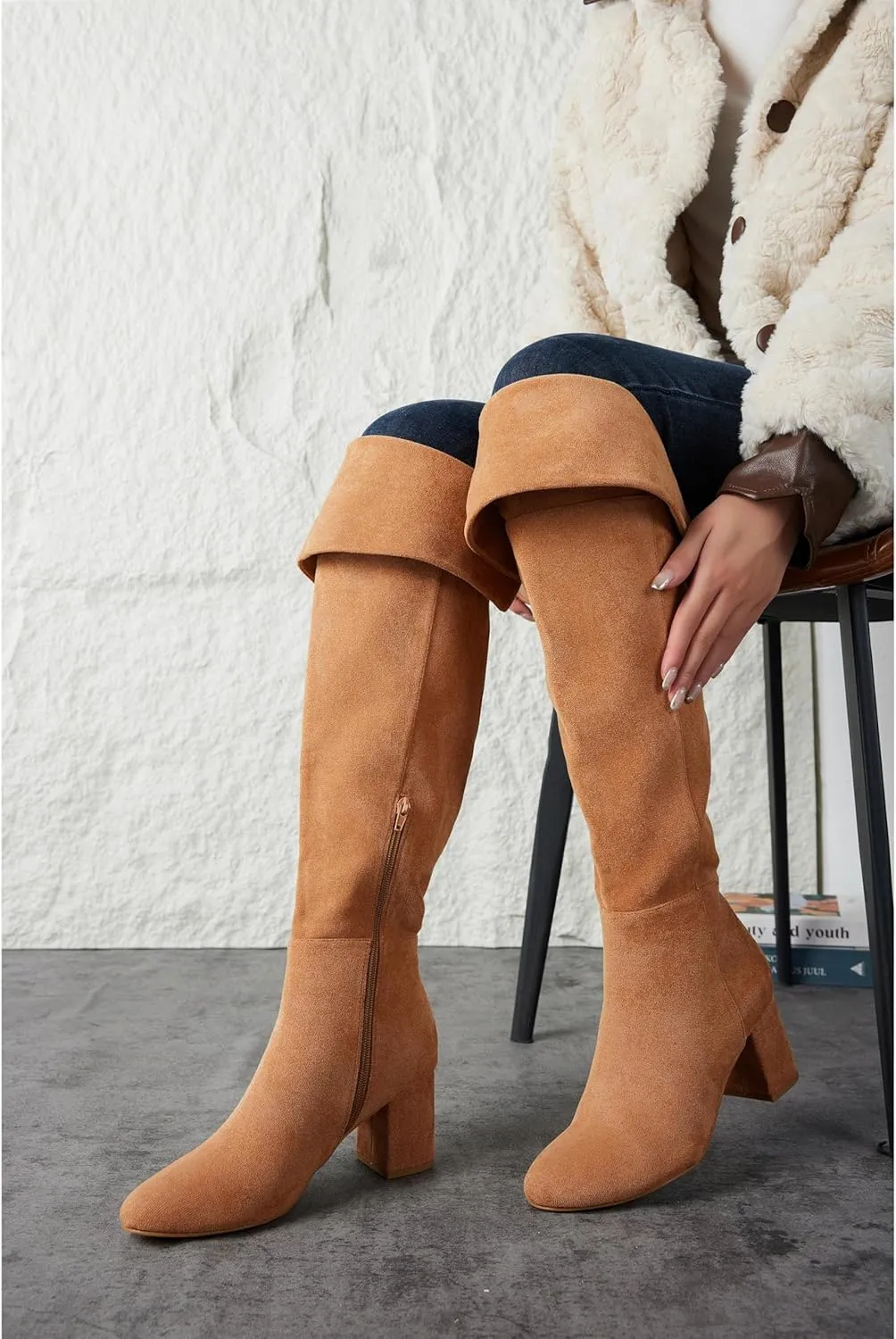 Putu Women's Thigh High Boots Block Heel Boots Over the Knee Faux Suede Tall Boots