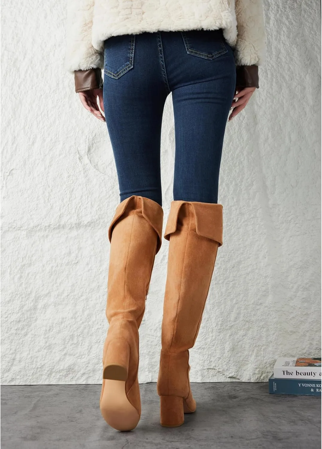 Putu Women's Thigh High Boots Block Heel Boots Over the Knee Faux Suede Tall Boots