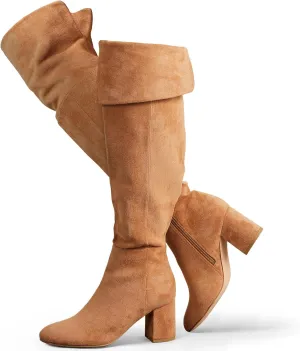 Putu Women's Thigh High Boots Block Heel Boots Over the Knee Faux Suede Tall Boots