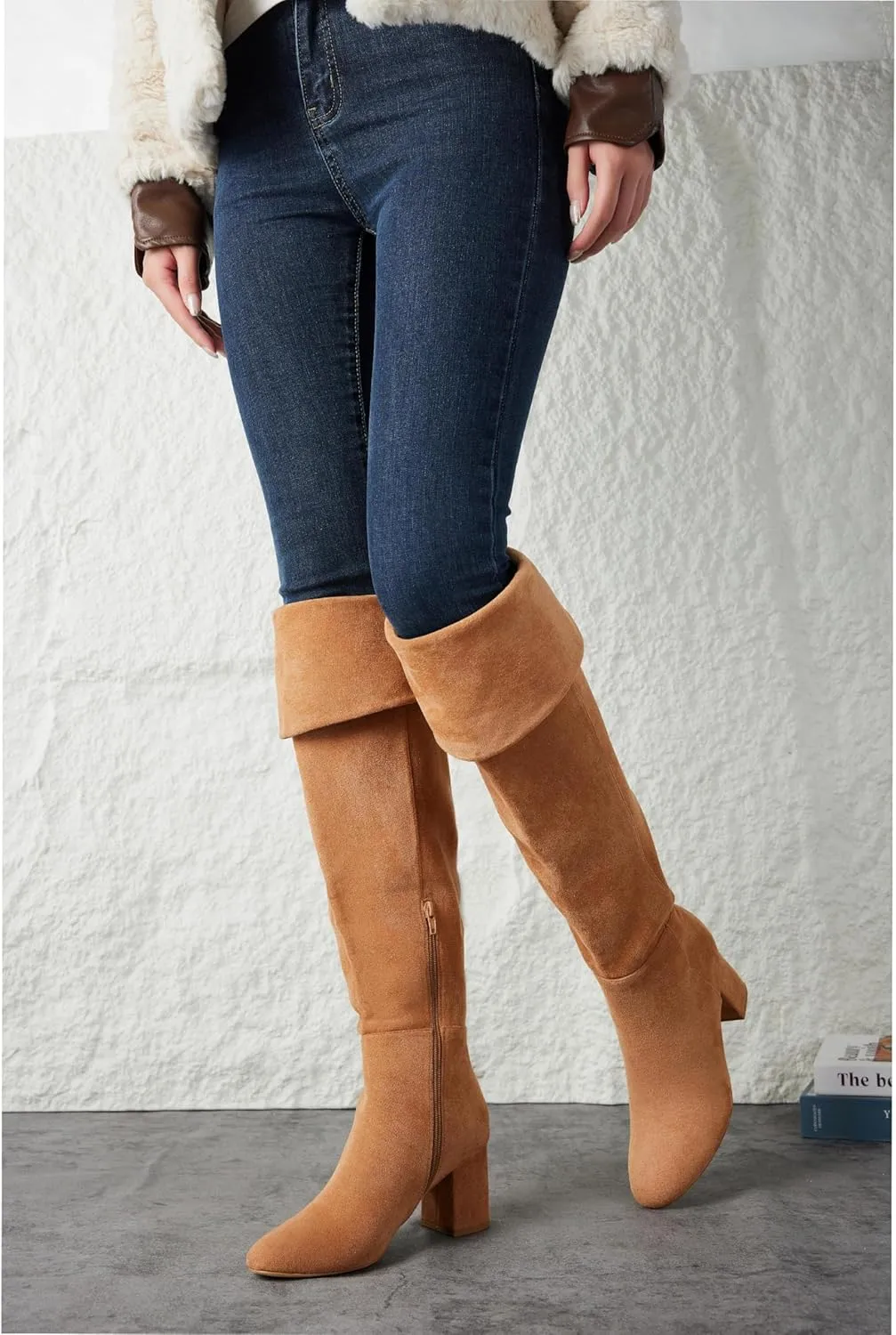 Putu Women's Thigh High Boots Block Heel Boots Over the Knee Faux Suede Tall Boots
