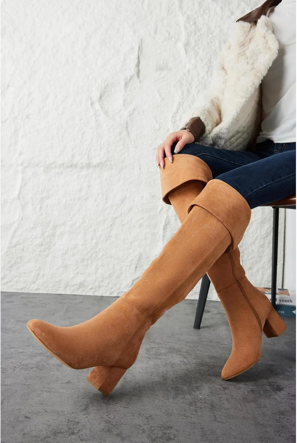 Putu Women's Thigh High Boots Block Heel Boots Over the Knee Faux Suede Tall Boots