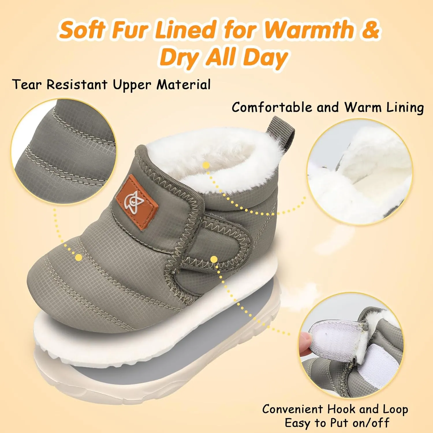 QFH Baby Boys Girls Winter Warm Shoes Cozy Fleece Snow Boots Toddler Non-Slip Walking Shoes Infant Outdoor Water Resistance Faux Fur Booties