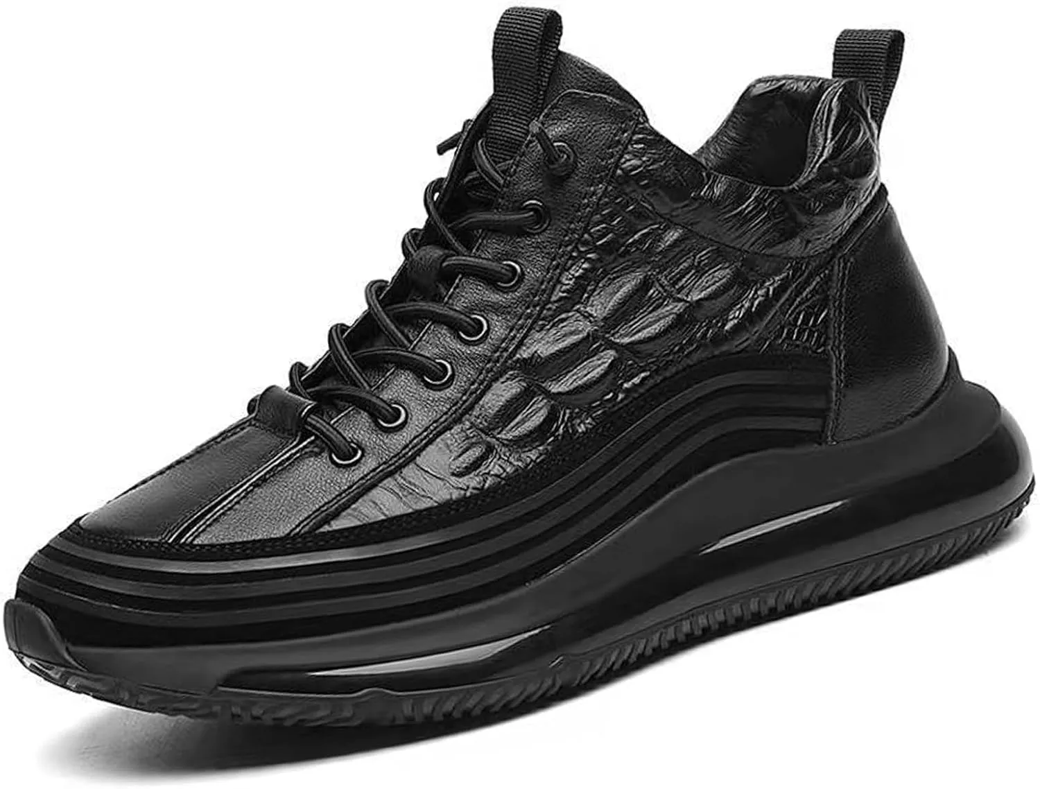 RiceelSor Men's Crocodile Pattern Leather Sneakers Slip-on Casual Air Cushion Elastic Waterproof Non-Slip High-Top Height Lifting Comfortable Shoes
