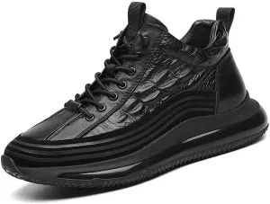 RiceelSor Men's Crocodile Pattern Leather Sneakers Slip-on Casual Air Cushion Elastic Waterproof Non-Slip High-Top Height Lifting Comfortable Shoes