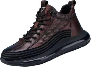 RiceelSor Men's Crocodile Pattern Leather Sneakers Slip-on Casual Air Cushion Elastic Waterproof Non-Slip High-Top Height Lifting Comfortable Shoes