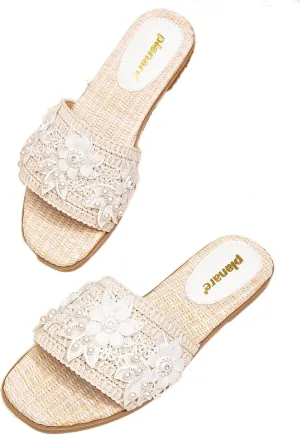 Romantic Woven Mules for Women – Pearl-Embroidered Lace Flower Straps with Gold Lettering, Comfortable Flat Sandals for Vacation, Shopping & Summer Outings