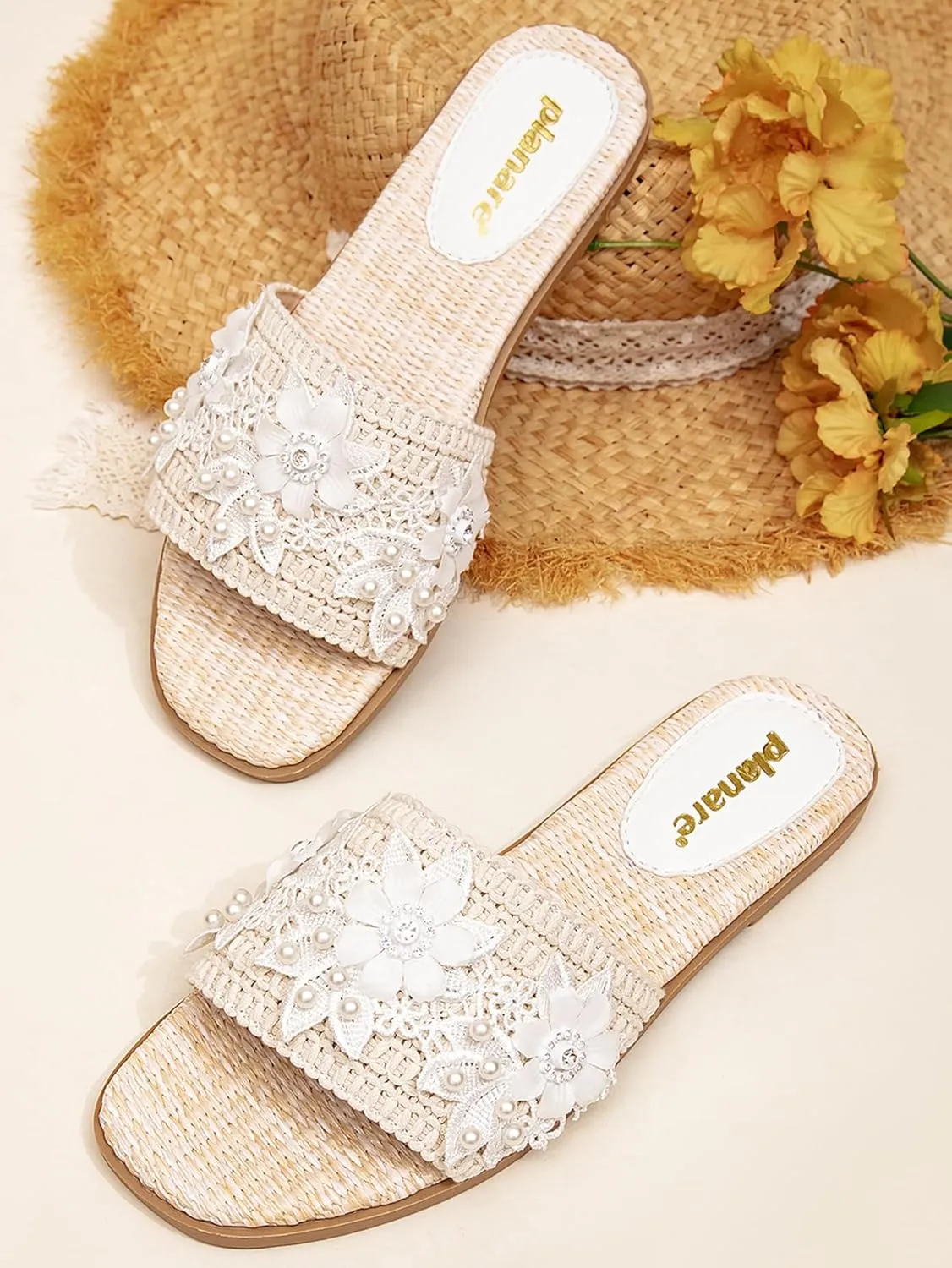Romantic Woven Mules for Women – Pearl-Embroidered Lace Flower Straps with Gold Lettering, Comfortable Flat Sandals for Vacation, Shopping & Summer Outings