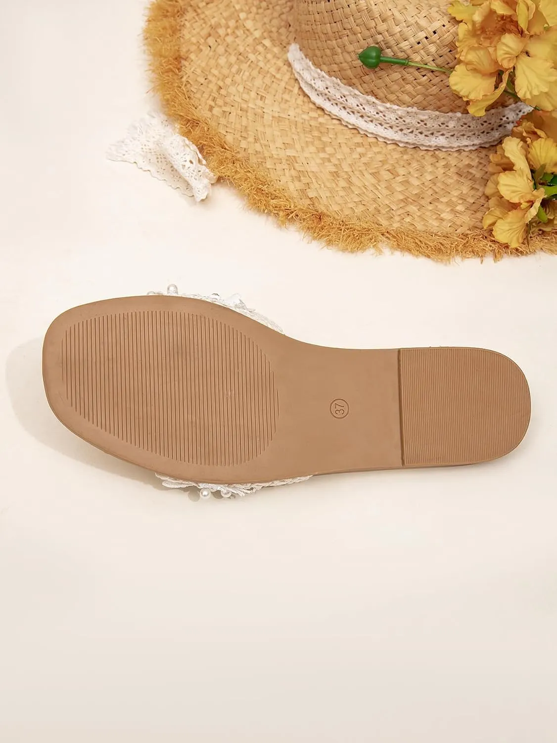 Romantic Woven Mules for Women – Pearl-Embroidered Lace Flower Straps with Gold Lettering, Comfortable Flat Sandals for Vacation, Shopping & Summer Outings