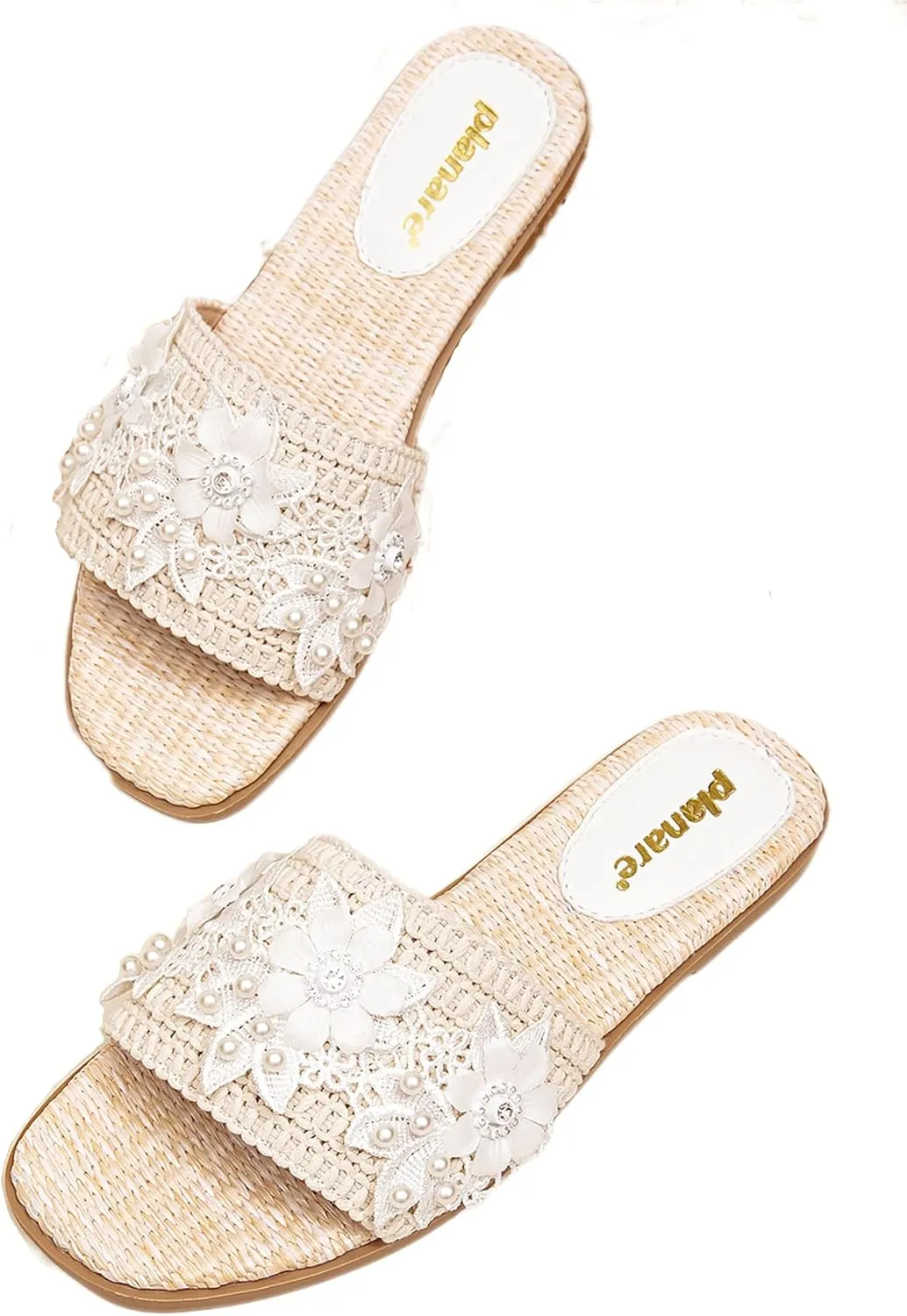 Romantic Woven Mules for Women – Pearl-Embroidered Lace Flower Straps with Gold Lettering, Comfortable Flat Sandals for Vacation, Shopping & Summer Outings
