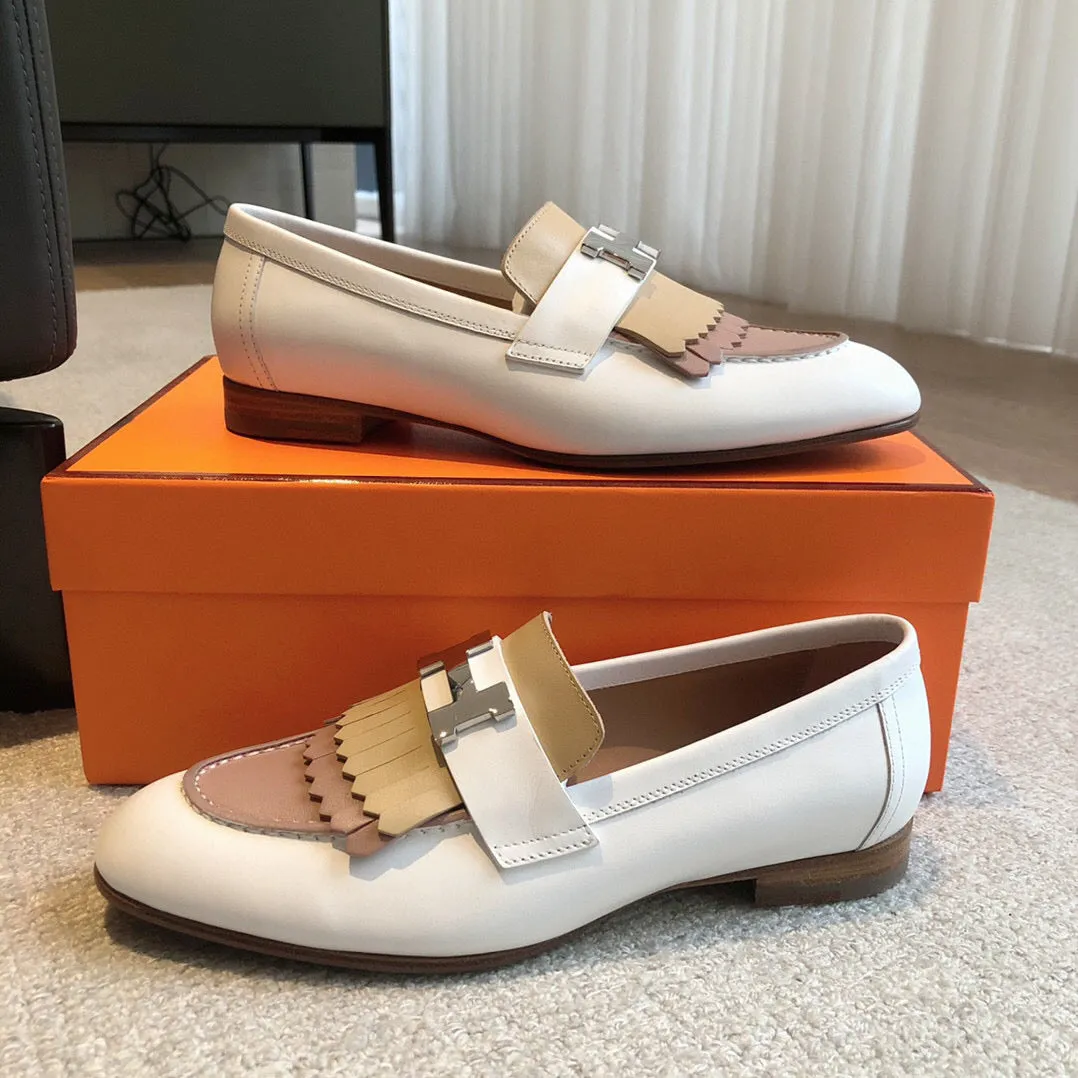 Royal Loafer White Mix Beige Perlino Mix Beige Goatskin With Fringe Detail And Signature Paris Buckle