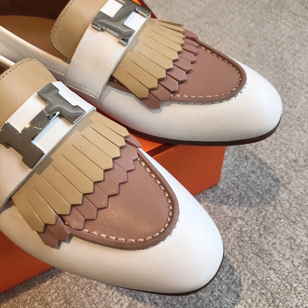 Royal Loafer White Mix Beige Perlino Mix Beige Goatskin With Fringe Detail And Signature Paris Buckle
