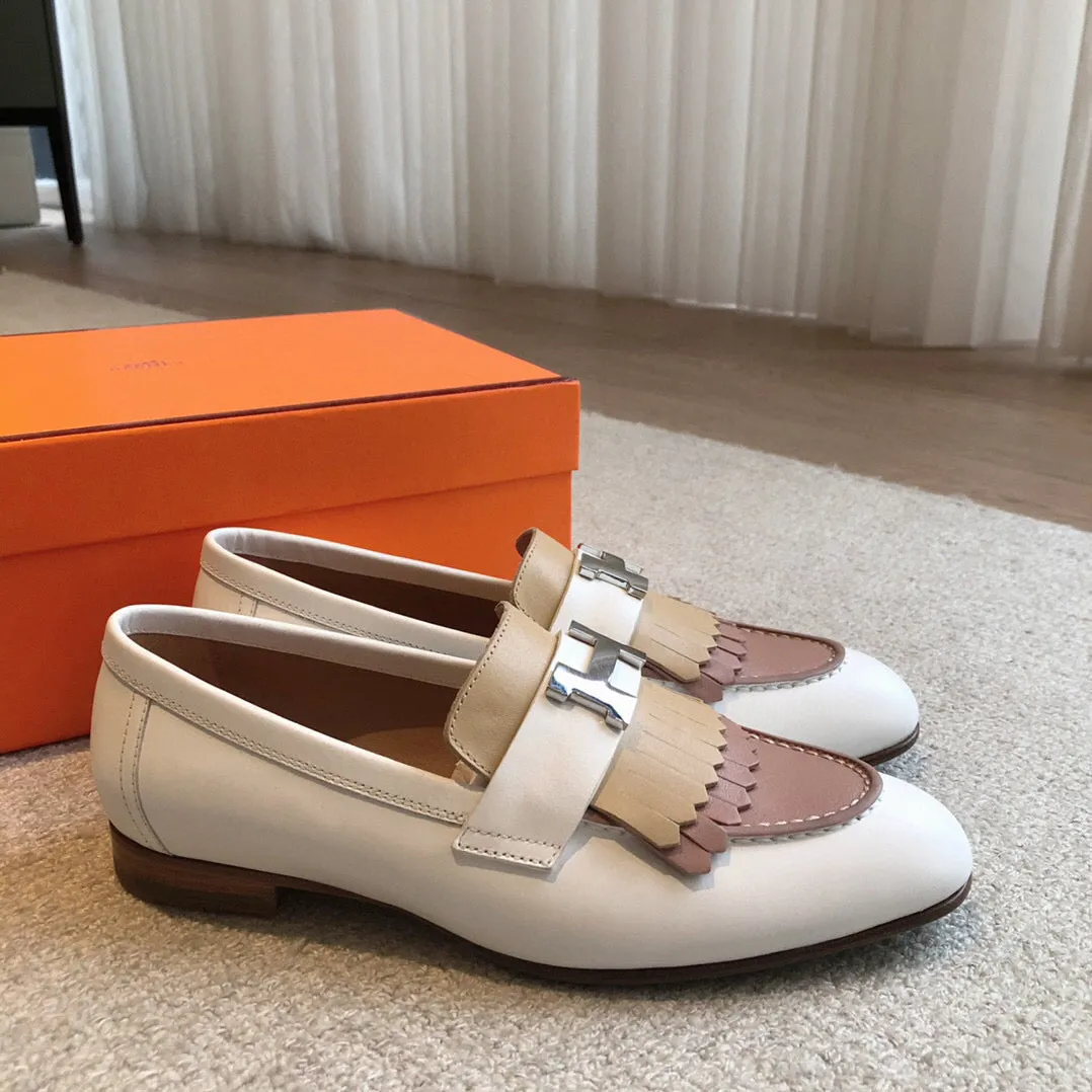 Royal Loafer White Mix Beige Perlino Mix Beige Goatskin With Fringe Detail And Signature Paris Buckle