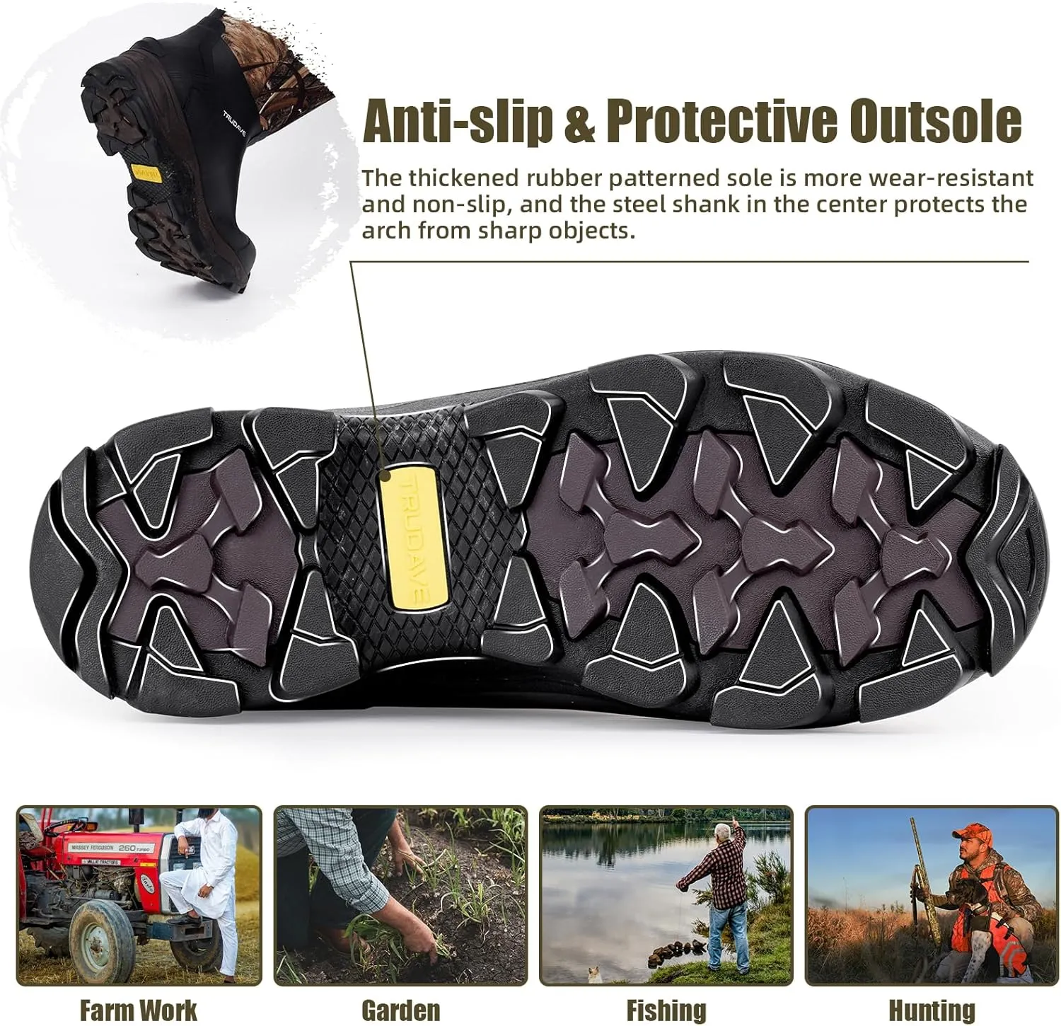 Rubber Boots for Men with Steel Shank, Mid Calf Work Rain Boots, Men's Outdoor Waterproof Anti-Slip Hunting Boot, Size 6-13