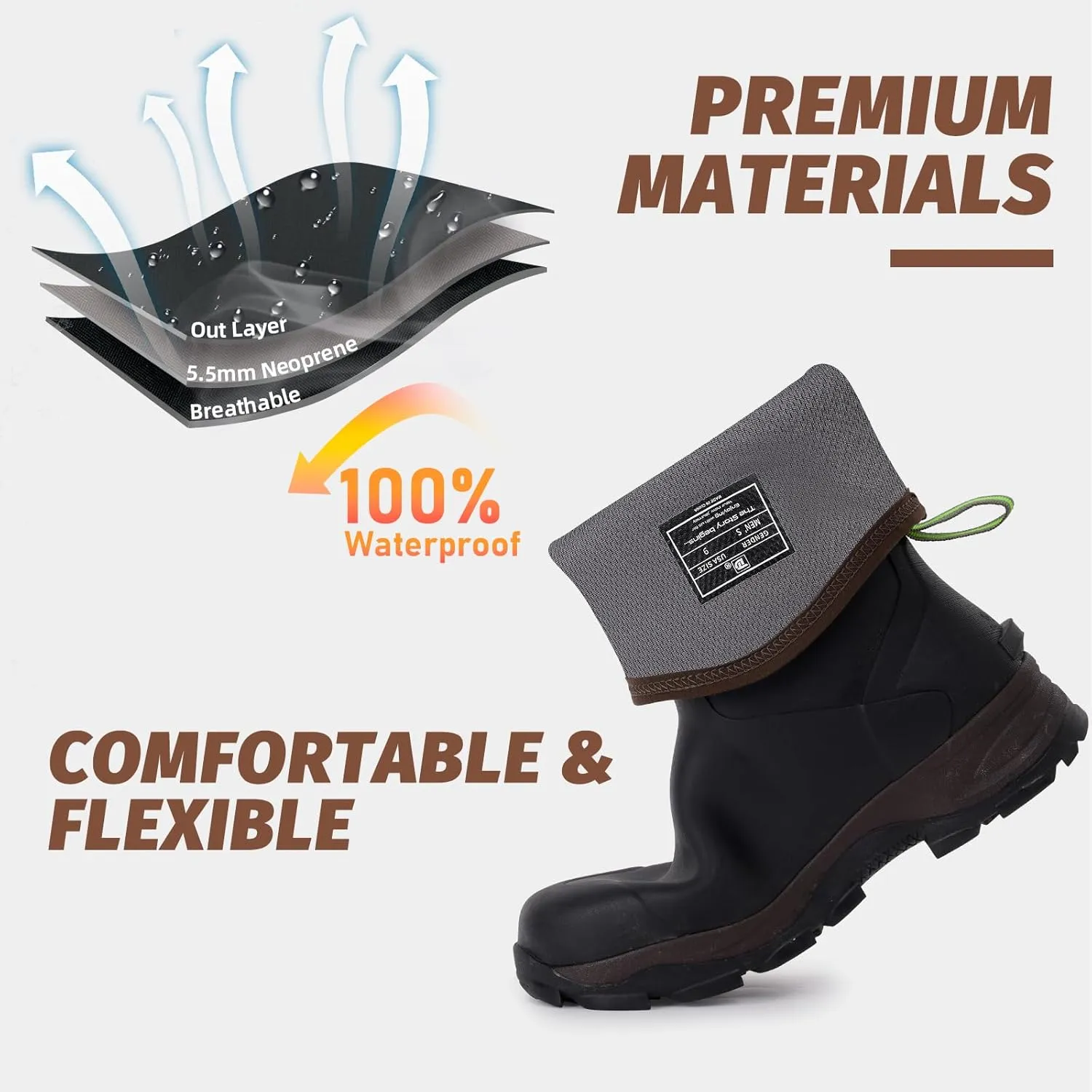 Rubber Boots for Men with Steel Shank, Mid Calf Work Rain Boots, Men's Outdoor Waterproof Anti-Slip Hunting Boot, Size 6-13