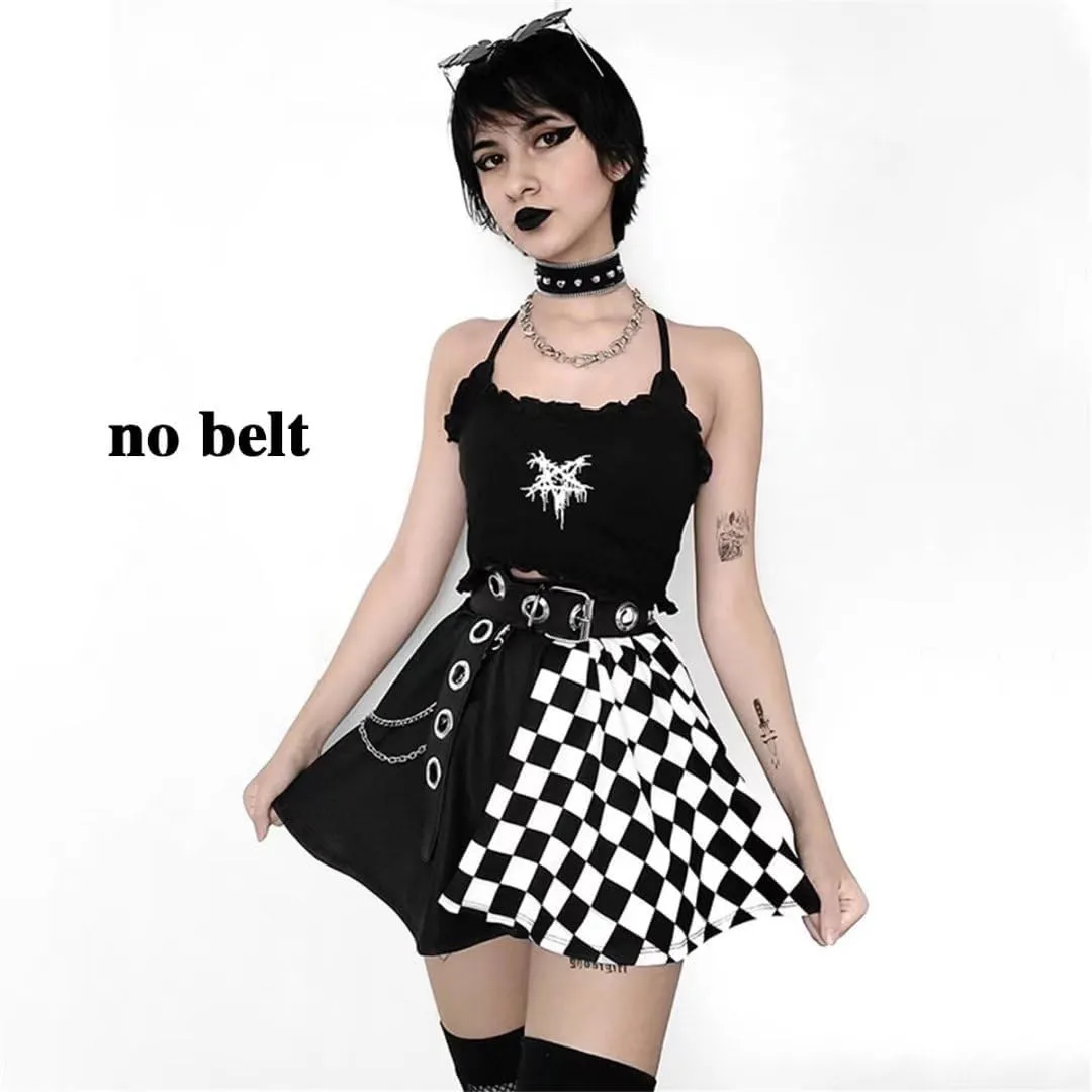 Ruolai Goth Black Pleated Mini Skirt with Chain High Waisted Tennis Skirt