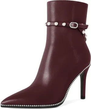 SAMMITOP Women Ankle Boots Short Bootie Close Pointed Toe Stiletto High Heel Booties Fashion Beaded Pearl Buckle Dress Shoes 4 Inch