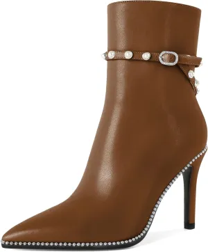 SAMMITOP Women Ankle Boots Short Bootie Close Pointed Toe Stiletto High Heel Booties Fashion Beaded Pearl Buckle Dress Shoes 4 Inch