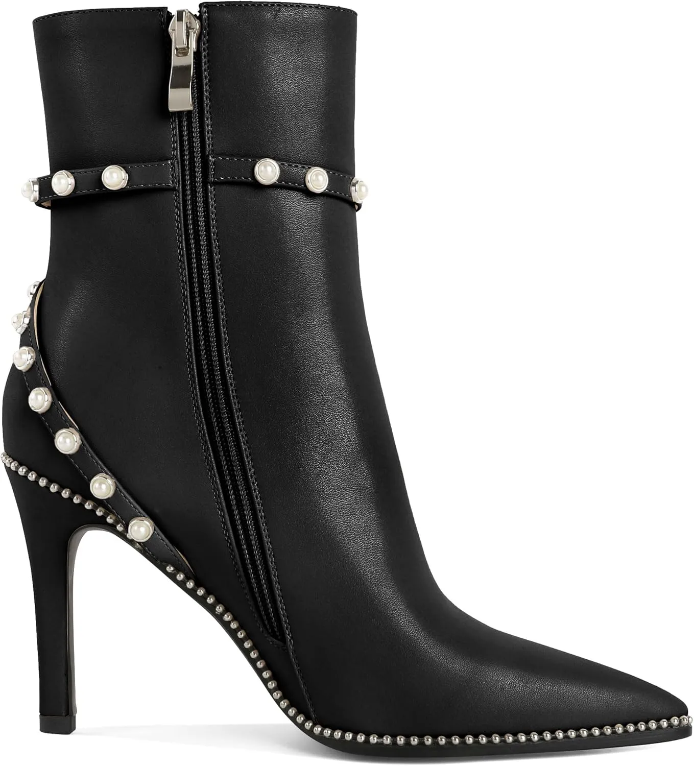 SAMMITOP Women Ankle Boots Short Bootie Close Pointed Toe Stiletto High Heel Booties Fashion Beaded Pearl Buckle Dress Shoes 4 Inch