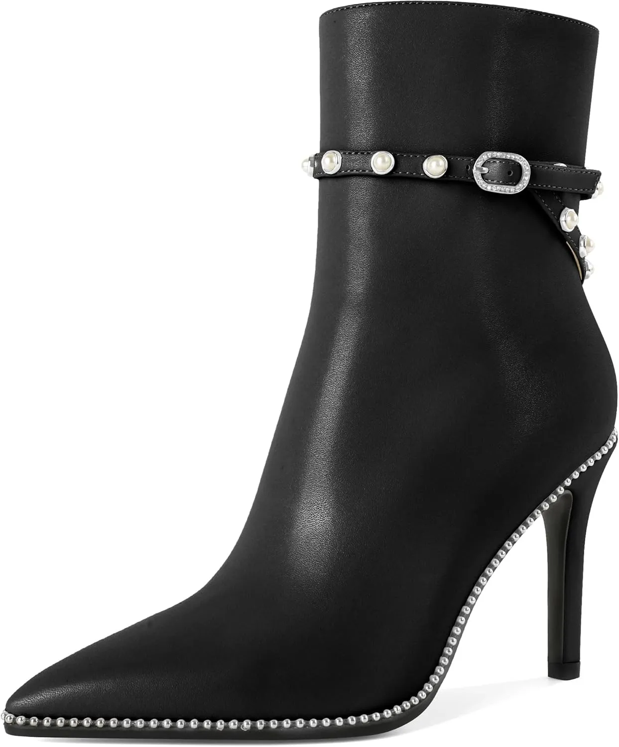 SAMMITOP Women Ankle Boots Short Bootie Close Pointed Toe Stiletto High Heel Booties Fashion Beaded Pearl Buckle Dress Shoes 4 Inch