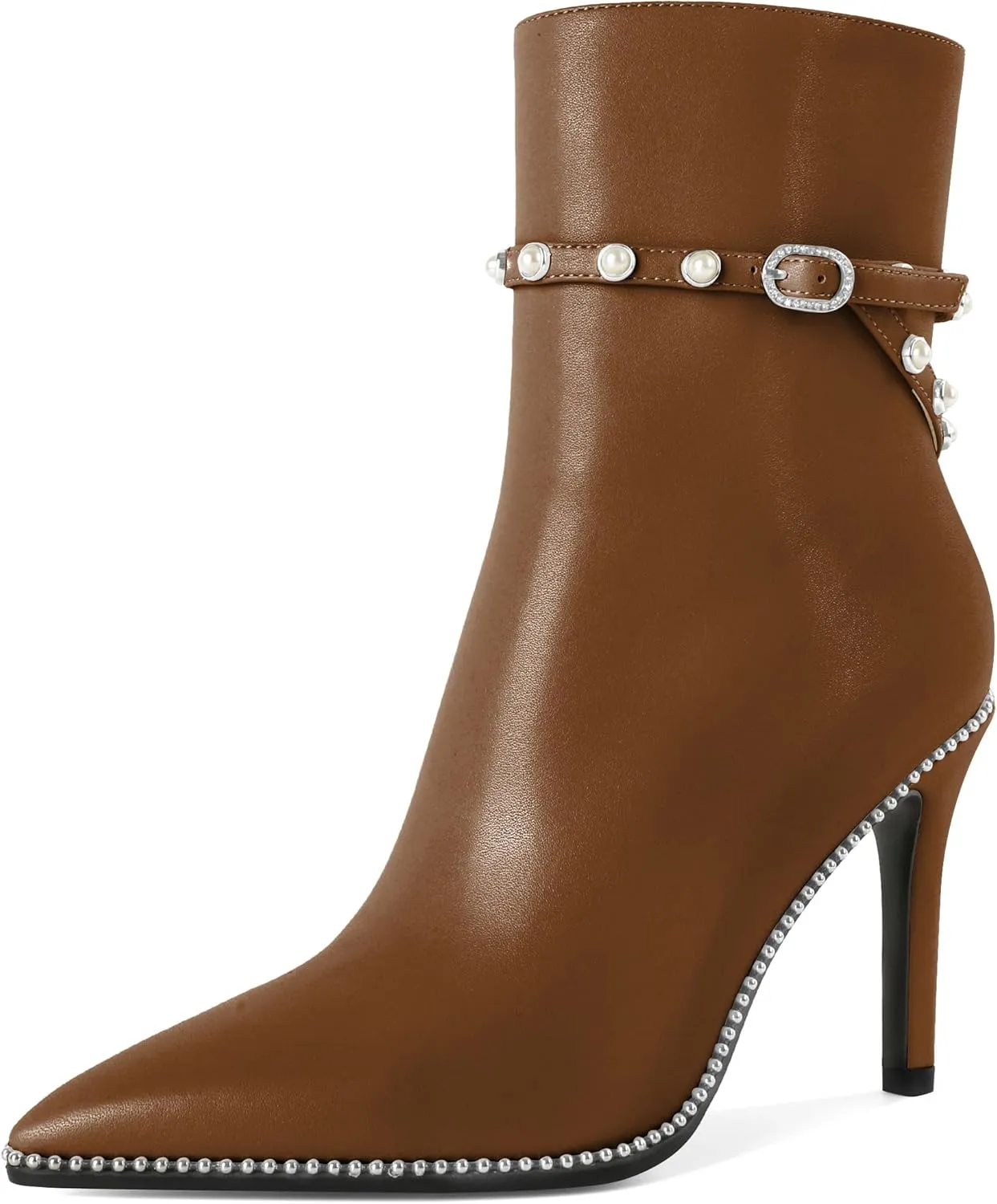 SAMMITOP Women Ankle Boots Short Bootie Close Pointed Toe Stiletto High Heel Booties Fashion Beaded Pearl Buckle Dress Shoes 4 Inch