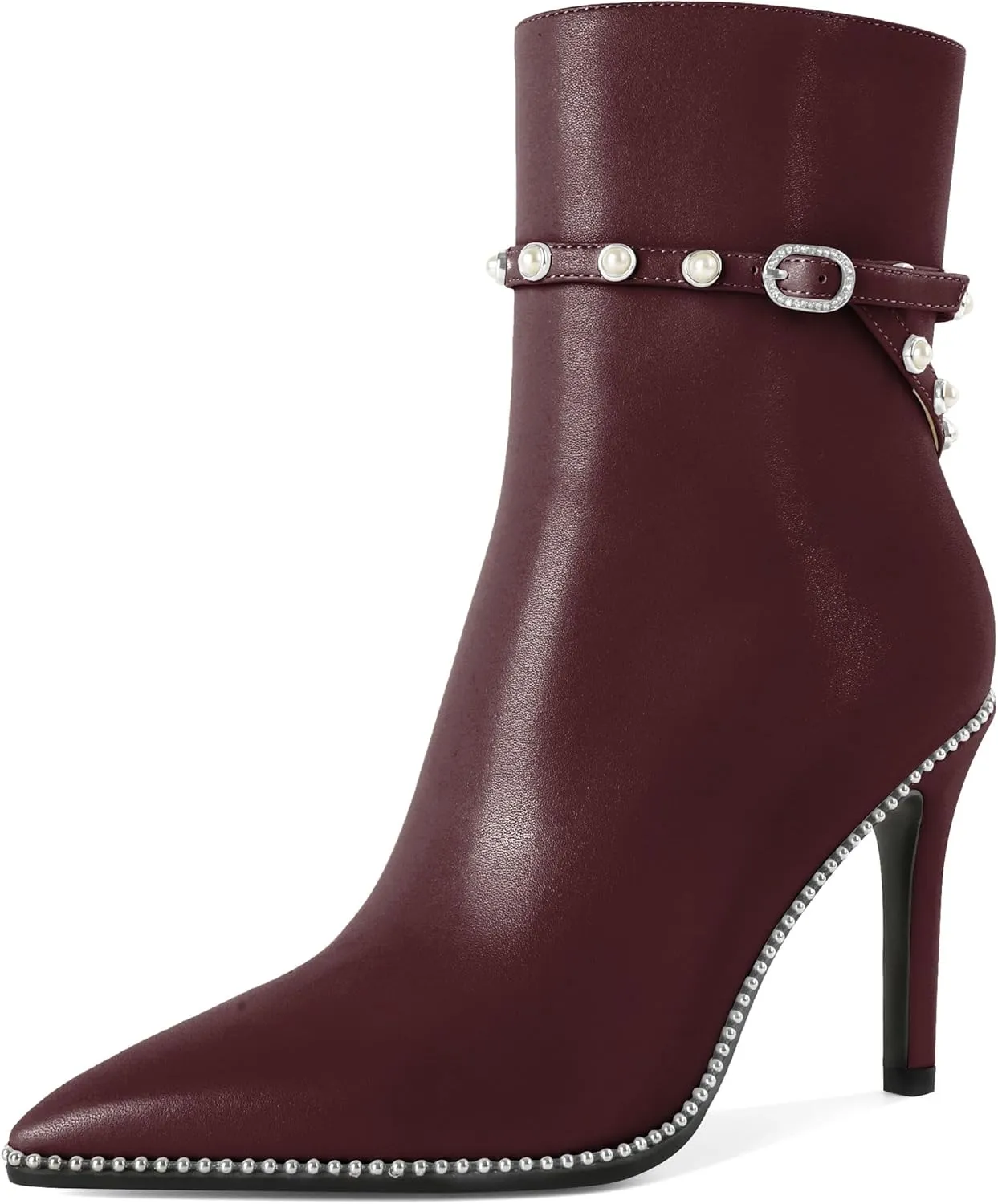 SAMMITOP Women Ankle Boots Short Bootie Close Pointed Toe Stiletto High Heel Booties Fashion Beaded Pearl Buckle Dress Shoes 4 Inch
