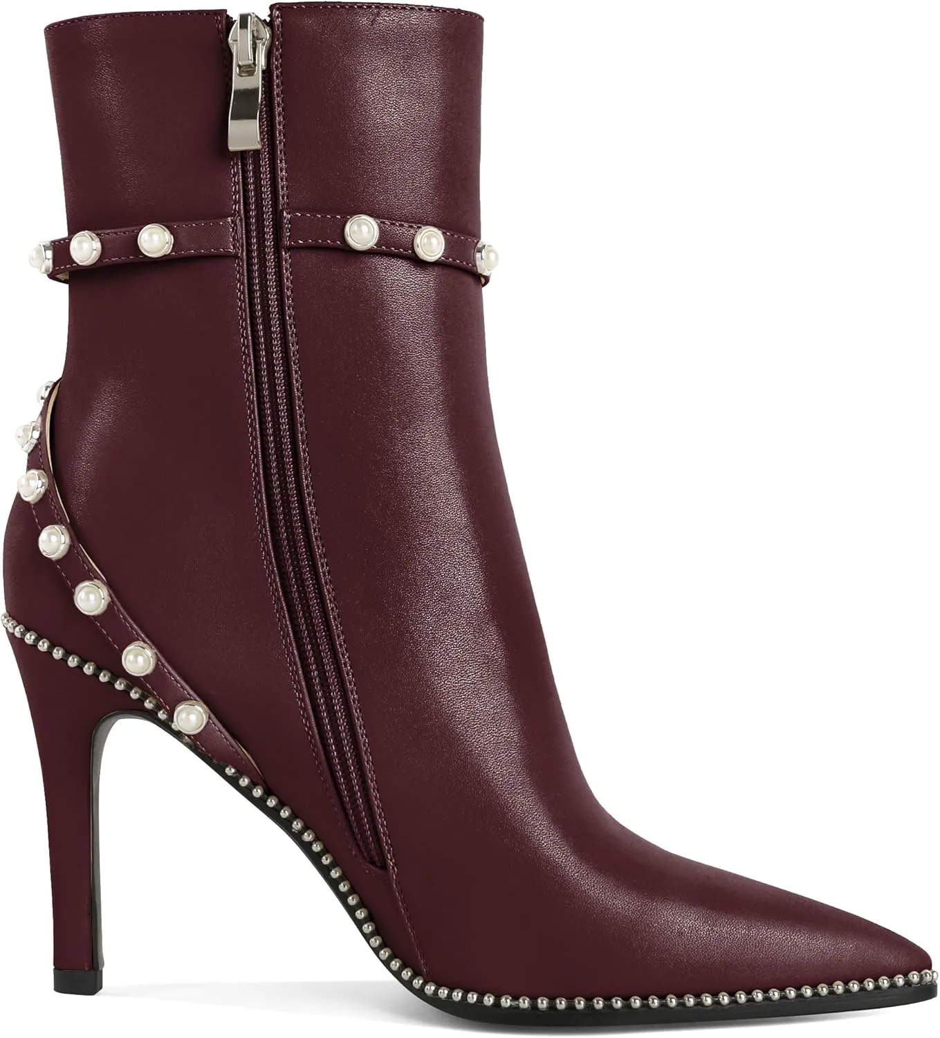 SAMMITOP Women Ankle Boots Short Bootie Close Pointed Toe Stiletto High Heel Booties Fashion Beaded Pearl Buckle Dress Shoes 4 Inch