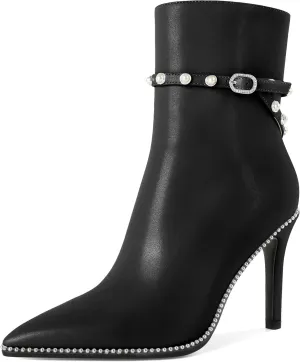 SAMMITOP Women Ankle Boots Short Bootie Close Pointed Toe Stiletto High Heel Booties Fashion Beaded Pearl Buckle Dress Shoes 4 Inch