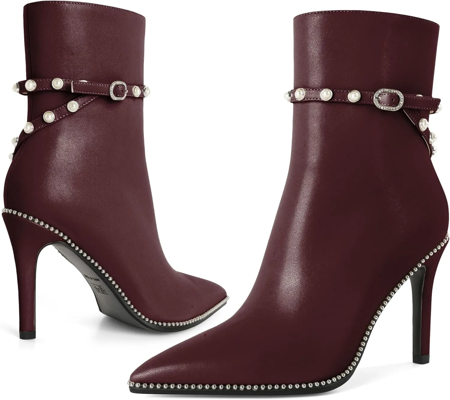 SAMMITOP Women Ankle Boots Short Bootie Close Pointed Toe Stiletto High Heel Booties Fashion Beaded Pearl Buckle Dress Shoes 4 Inch