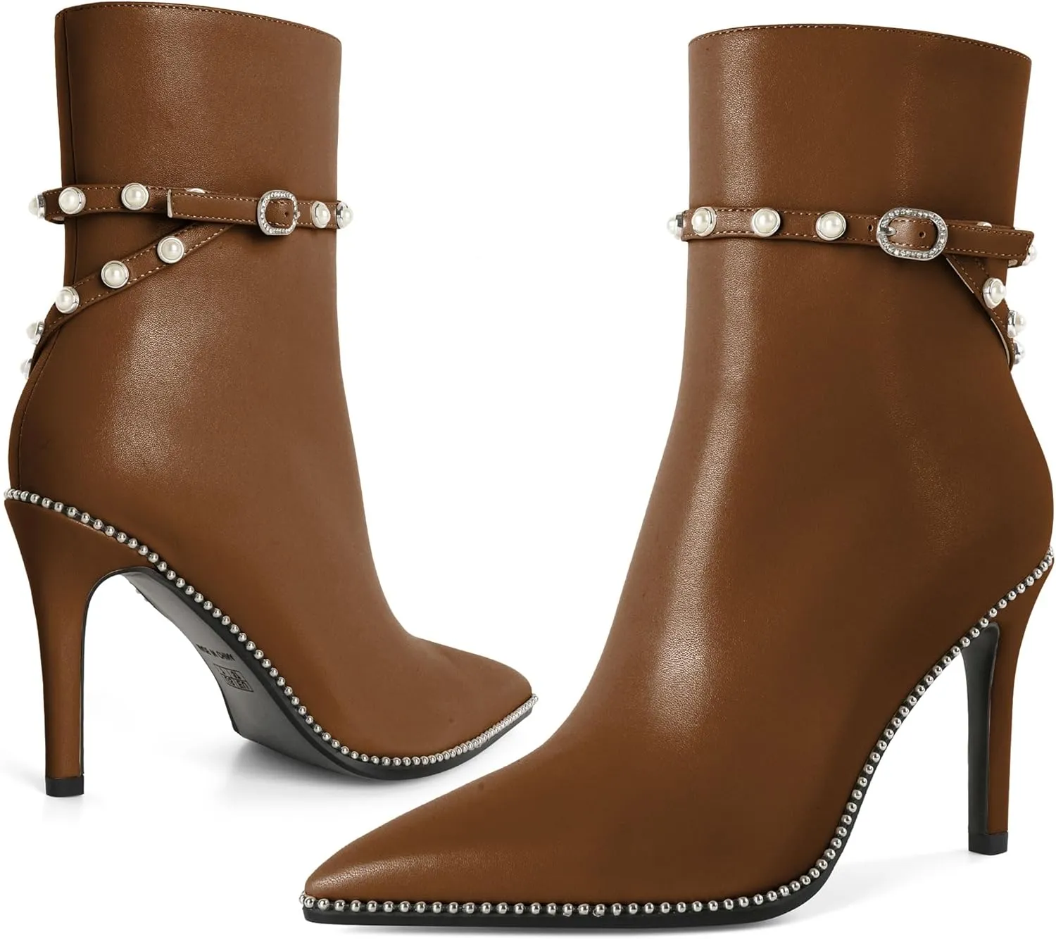SAMMITOP Women Ankle Boots Short Bootie Close Pointed Toe Stiletto High Heel Booties Fashion Beaded Pearl Buckle Dress Shoes 4 Inch