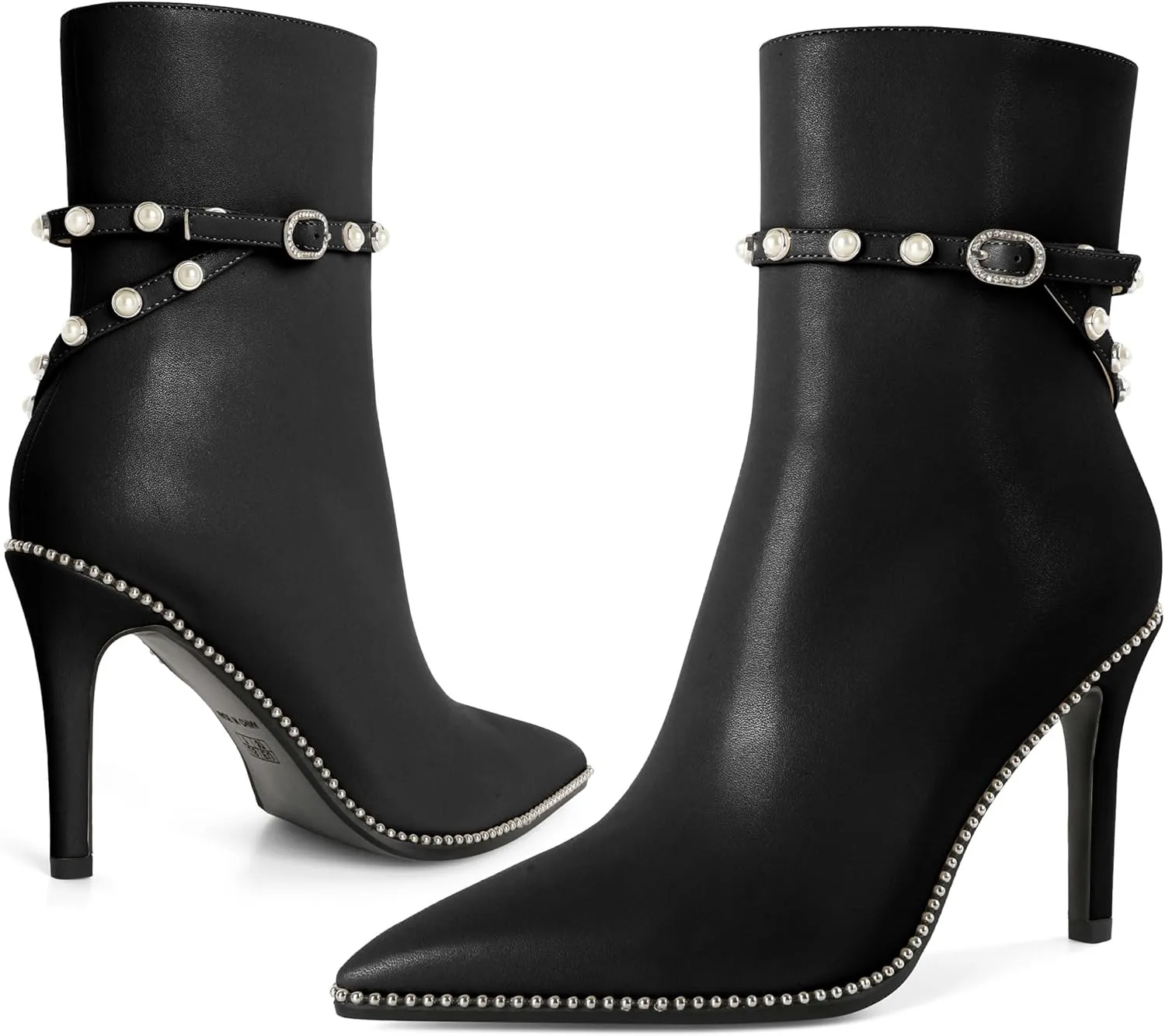 SAMMITOP Women Ankle Boots Short Bootie Close Pointed Toe Stiletto High Heel Booties Fashion Beaded Pearl Buckle Dress Shoes 4 Inch
