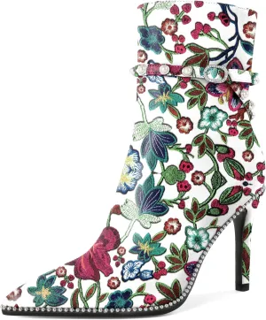 SAMMITOP Women Ankle Boots Short Bootie Close Pointed Toe Stiletto High Heel Booties Fashion Beaded Pearl Buckle Dress Shoes 4 Inch