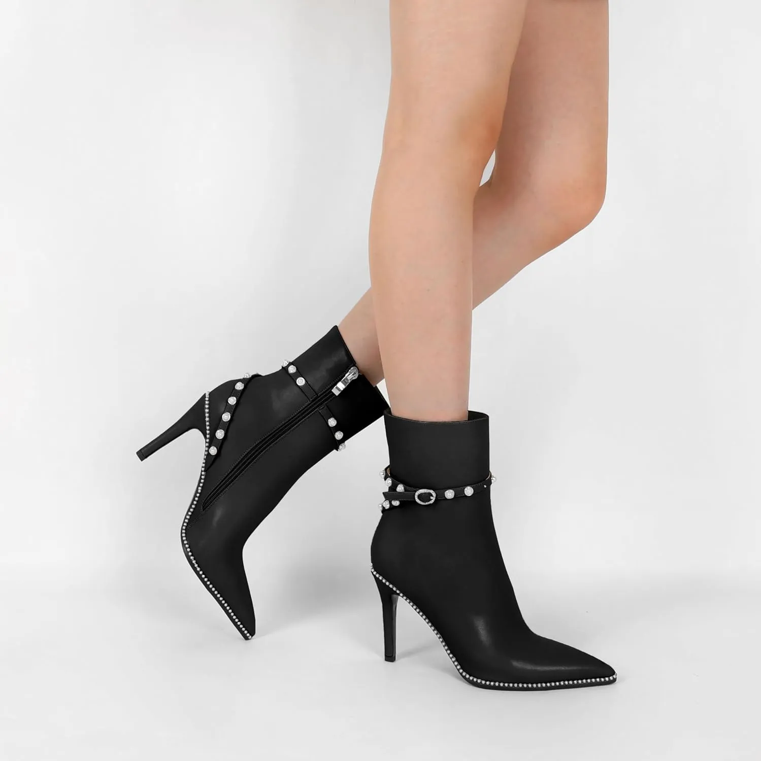 SAMMITOP Women Ankle Boots Short Bootie Close Pointed Toe Stiletto High Heel Booties Fashion Beaded Pearl Buckle Dress Shoes 4 Inch