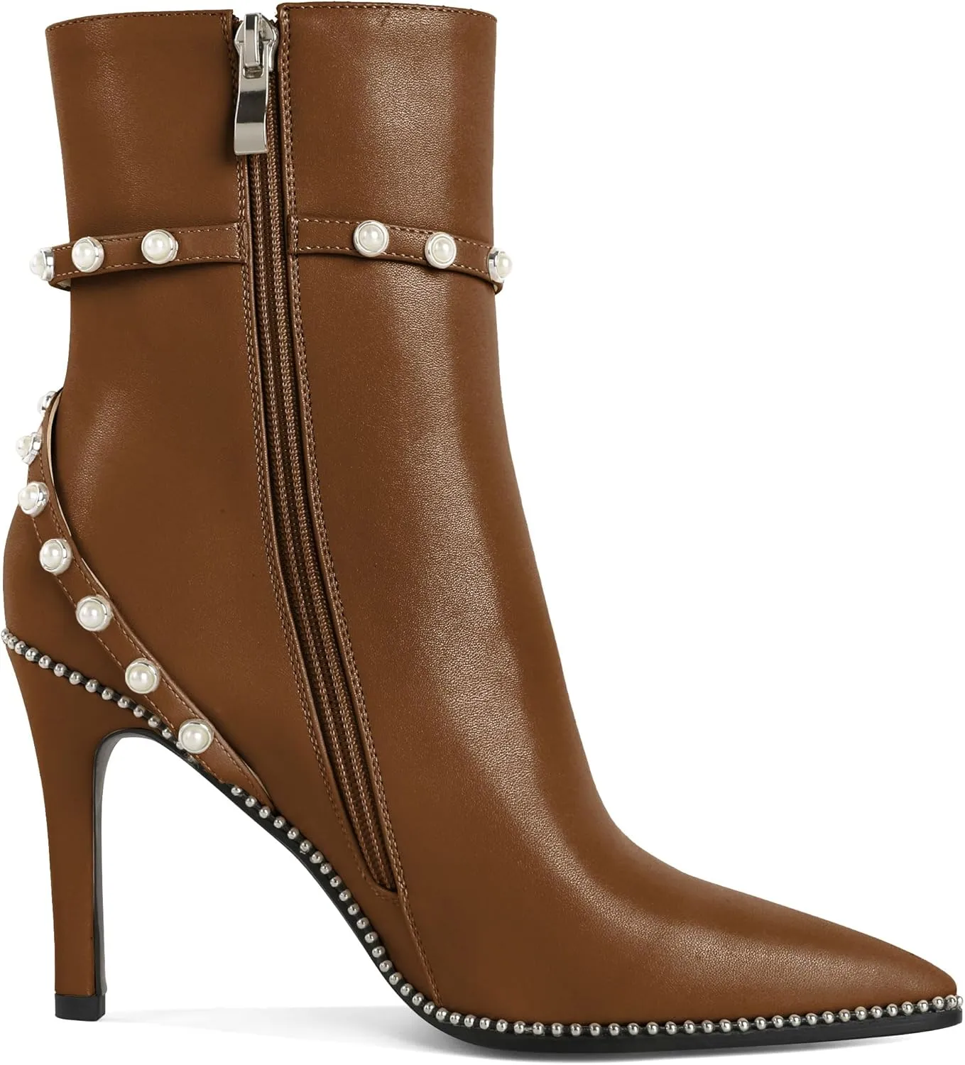 SAMMITOP Women Ankle Boots Short Bootie Close Pointed Toe Stiletto High Heel Booties Fashion Beaded Pearl Buckle Dress Shoes 4 Inch