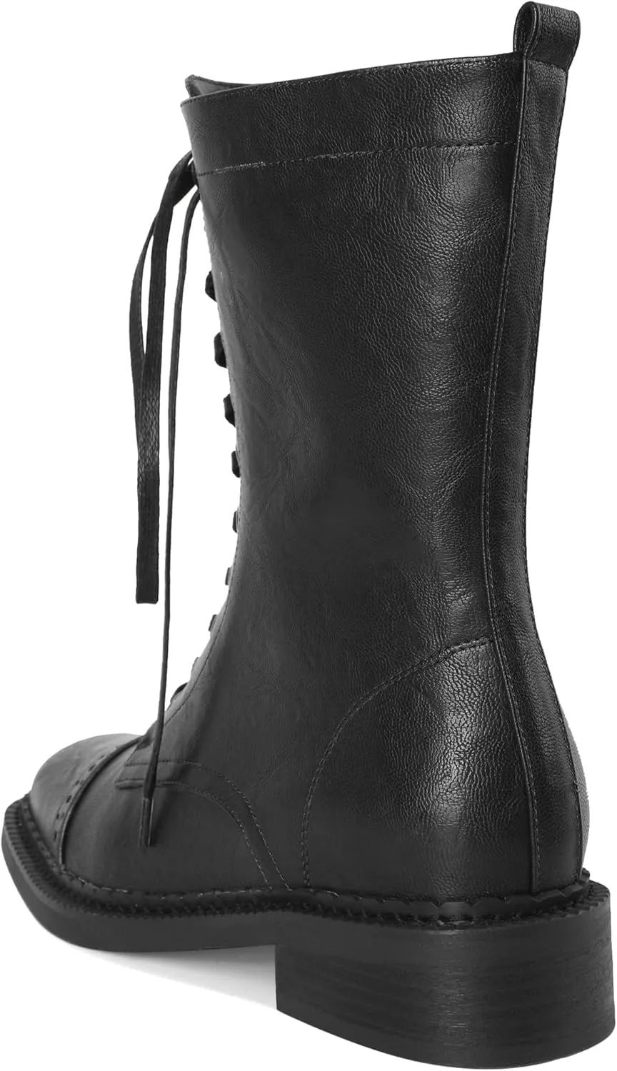 SAMMITOP Women's Ankle Bootie Lace up Mid Calf Combat Boots Chunky Low Heel Square Toe Zipper Boots Fashion Dress Shoes 1.4 Inch