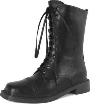 SAMMITOP Women's Ankle Bootie Lace up Mid Calf Combat Boots Chunky Low Heel Square Toe Zipper Boots Fashion Dress Shoes 1.4 Inch