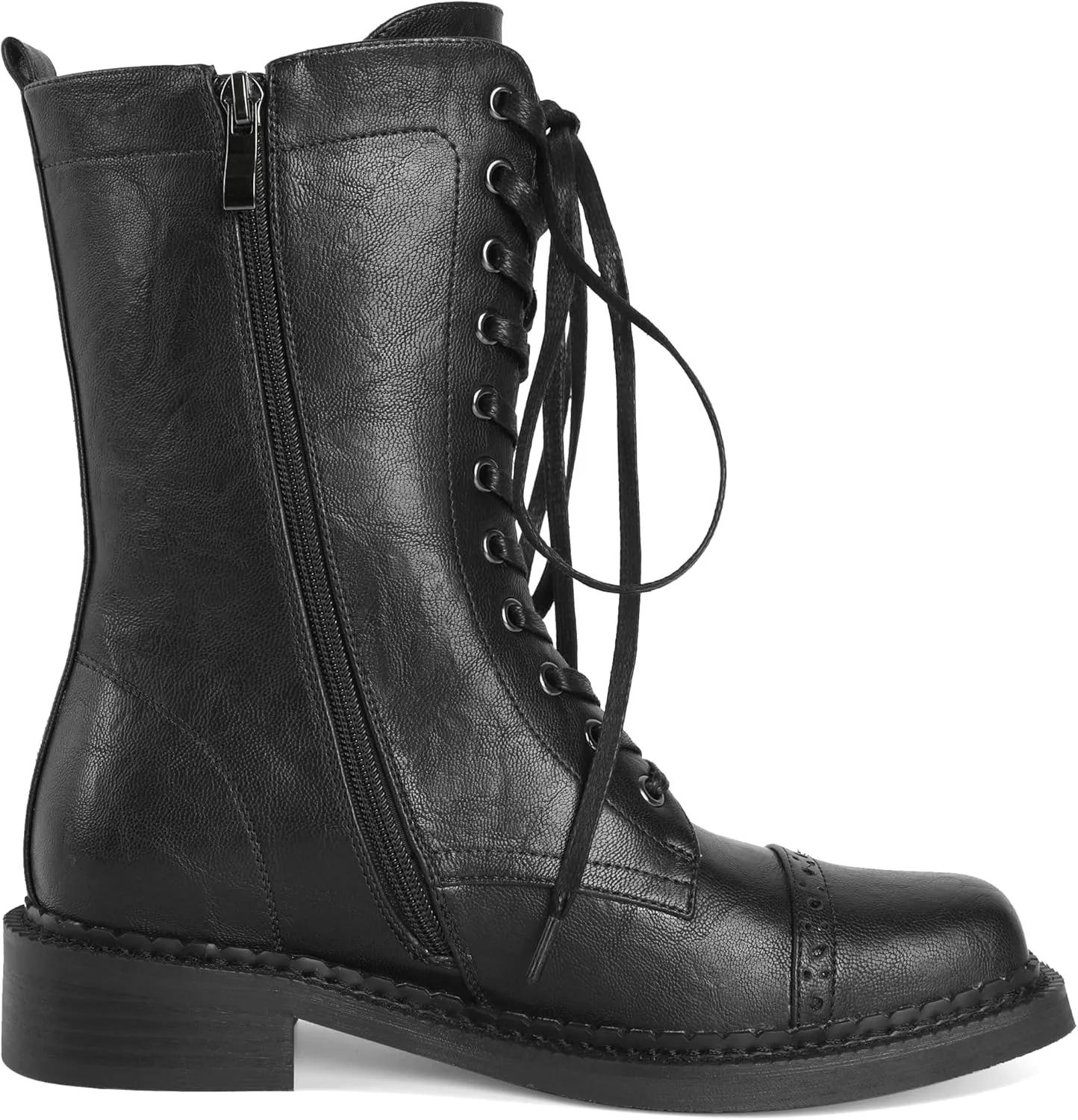 SAMMITOP Women's Ankle Bootie Lace up Mid Calf Combat Boots Chunky Low Heel Square Toe Zipper Boots Fashion Dress Shoes 1.4 Inch
