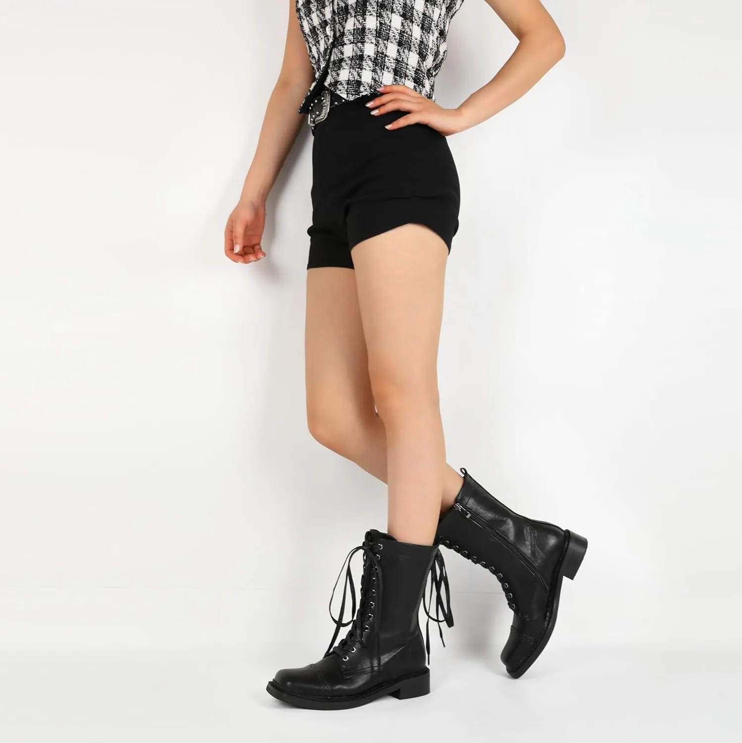 SAMMITOP Women's Ankle Bootie Lace up Mid Calf Combat Boots Chunky Low Heel Square Toe Zipper Boots Fashion Dress Shoes 1.4 Inch