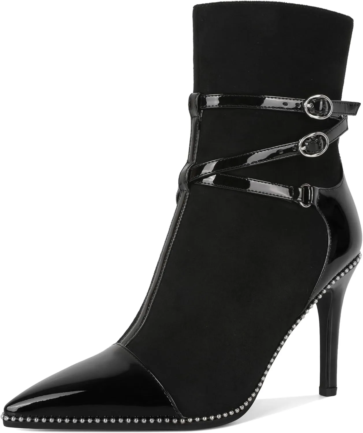 SAMMITOP Womens High Heel Ankle Boots Pointed Toe Sexy Stiletto Buckle Strap Zipper Booties Silver Beaded Fall Winter Short Boots Dress Shoes 4 Inch