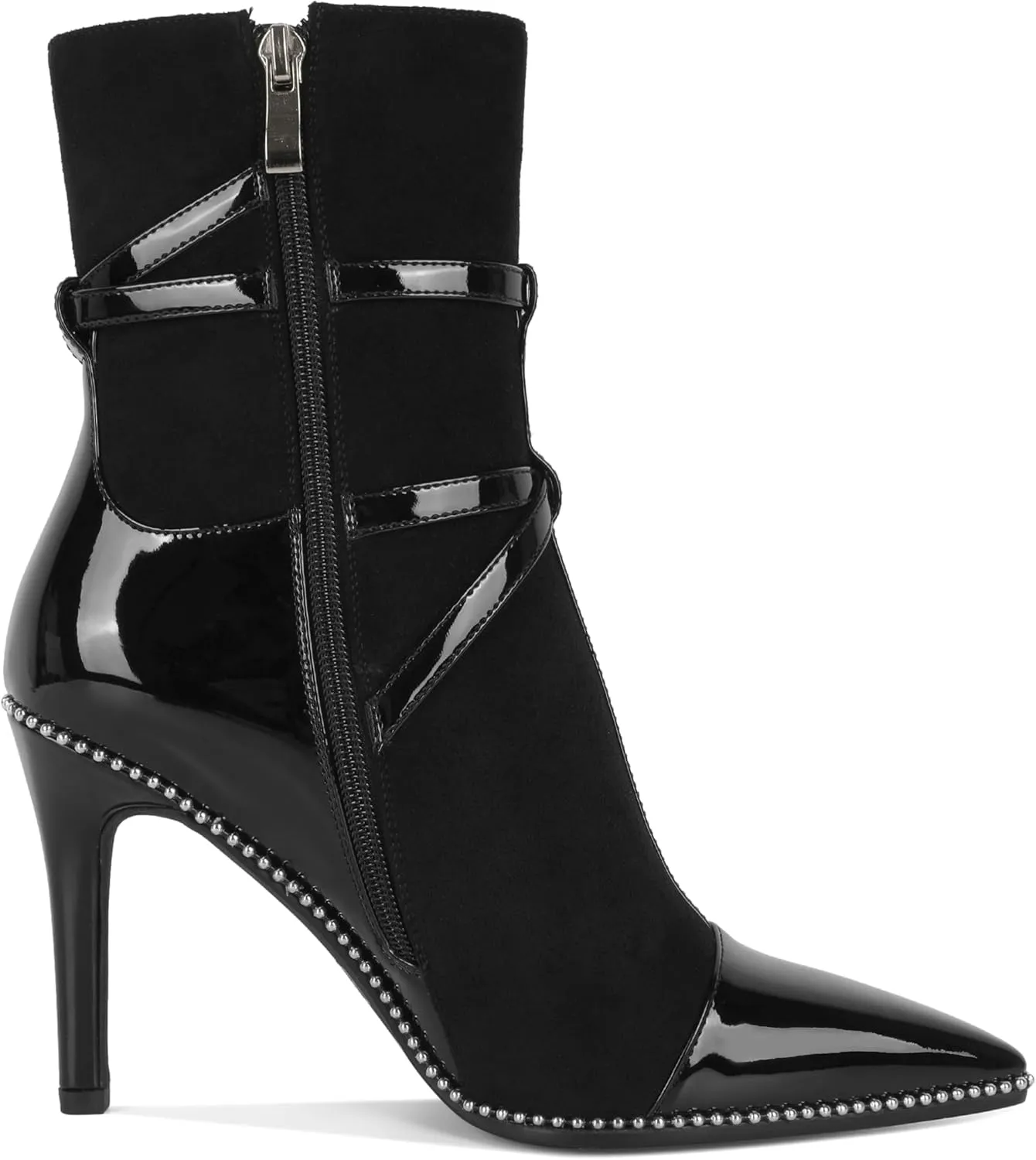 SAMMITOP Womens High Heel Ankle Boots Pointed Toe Sexy Stiletto Buckle Strap Zipper Booties Silver Beaded Fall Winter Short Boots Dress Shoes 4 Inch