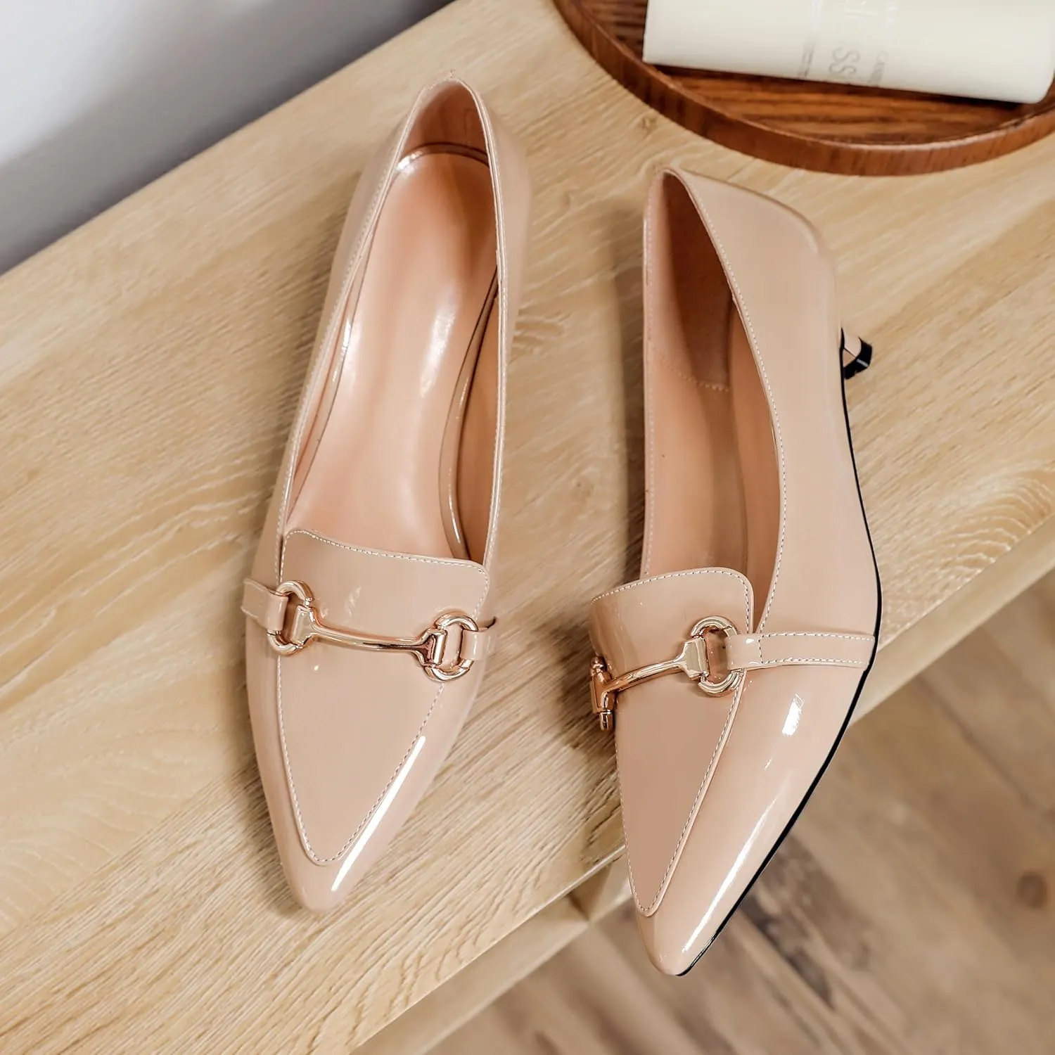 SAMMITOP Women's Low Kitten Heels Pointed Toe Metal Chain Slip On Loafers Pump Comfort Dress Work Wedding Shoes for Women 1.5 inch