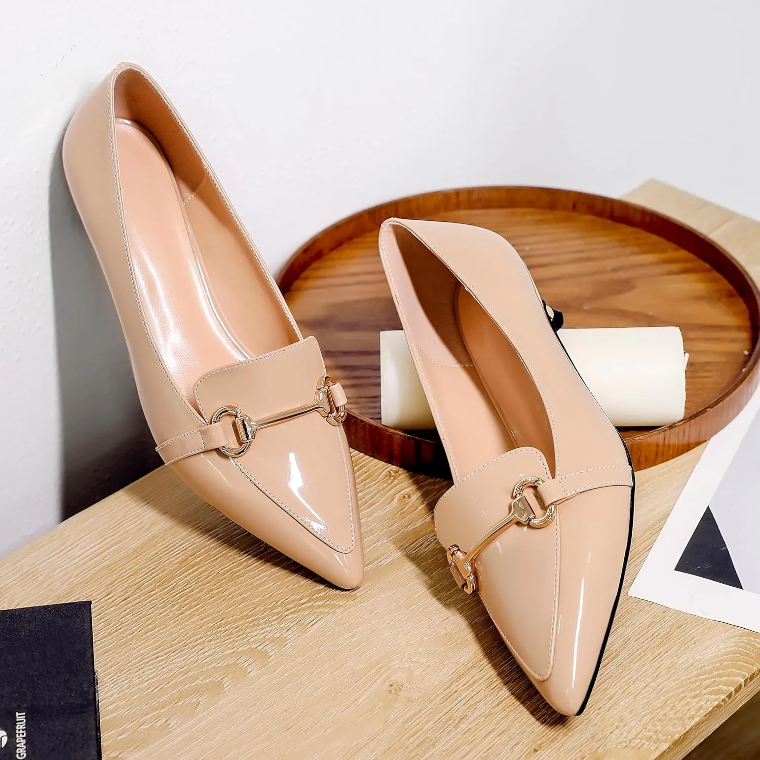 SAMMITOP Women's Low Kitten Heels Pointed Toe Metal Chain Slip On Loafers Pump Comfort Dress Work Wedding Shoes for Women 1.5 inch