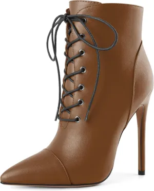 SAMMITOP Women's Pointed Toe Lace Up Ankle Boots,Animal Print Short Booties