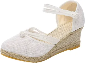 Sandals for Women Dressy Summer, Women's Ankle Strap Closed Toe Casual Shoes Linen Buckle Comfortable Breathable Beach Summer Lace Up Outdoor Leisure Espadrille Wedge Platform Sandal 2025
