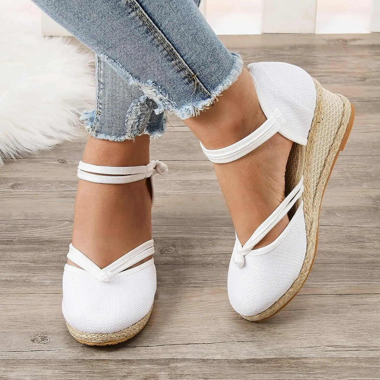 Sandals for Women Dressy Summer, Women's Ankle Strap Closed Toe Casual Shoes Linen Buckle Comfortable Breathable Beach Summer Lace Up Outdoor Leisure Espadrille Wedge Platform Sandal 2025