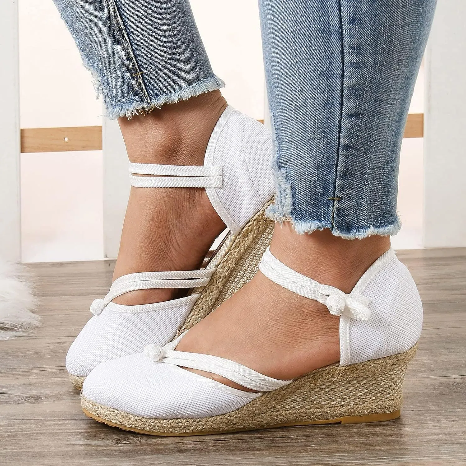 Sandals for Women Dressy Summer, Women's Ankle Strap Closed Toe Casual Shoes Linen Buckle Comfortable Breathable Beach Summer Lace Up Outdoor Leisure Espadrille Wedge Platform Sandal 2025