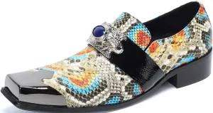Santimon Mens Loafers Casual Dress Slip On Genuine Leather Mocassins Metal Square Toe Snakeskin Pattern Penny Loafers Wedding Party Disco Western Cowboy Ballroom Prom Shoes