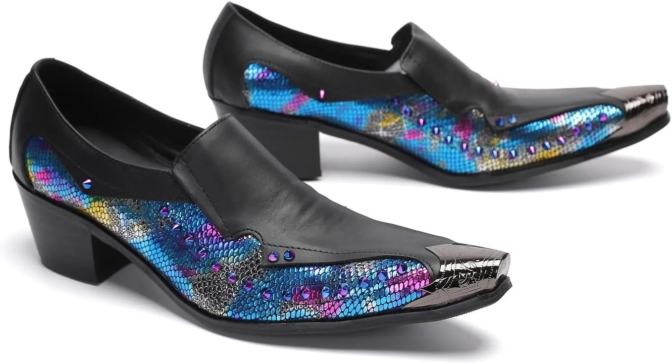Santimon Mens Loafers Casual Dress Slip On Penny Loafers Metal-Tip Toe Genunie Leather Two Tone Mocasines Rainbow Beads Fashion Disco Bar Singer Party Prom Wedding Western Tuxedo Shores for Men