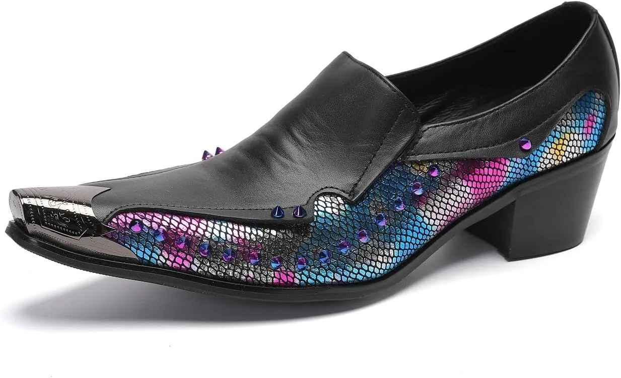Santimon Mens Loafers Casual Dress Slip On Penny Loafers Metal-Tip Toe Genunie Leather Two Tone Mocasines Rainbow Beads Fashion Disco Bar Singer Party Prom Wedding Western Tuxedo Shores for Men