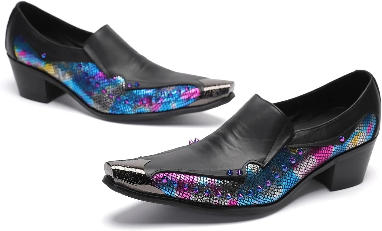 Santimon Mens Loafers Casual Dress Slip On Penny Loafers Metal-Tip Toe Genunie Leather Two Tone Mocasines Rainbow Beads Fashion Disco Bar Singer Party Prom Wedding Western Tuxedo Shores for Men
